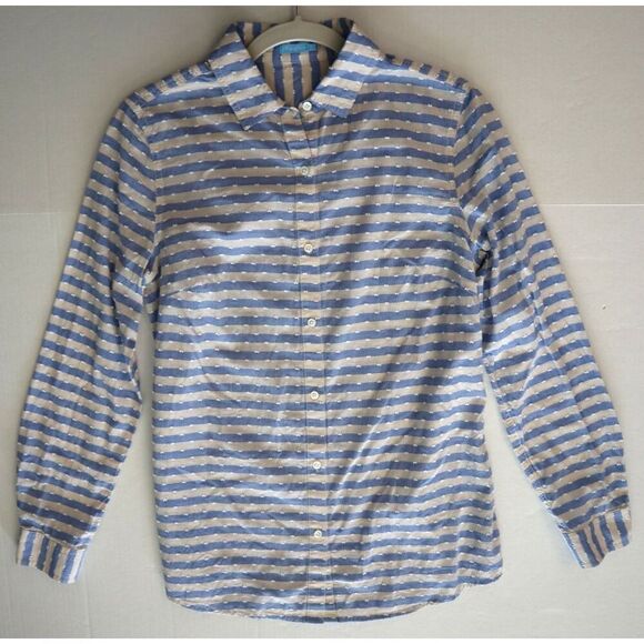 J. McLaughlin Women's Sz S Blue/Cream Striped Swiss Dot Button-Up L/S Shirt - Picture 5 of 6
